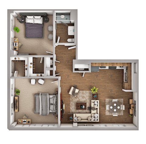 Floor plan for 2 beds, 1 bath, 1037 sqft